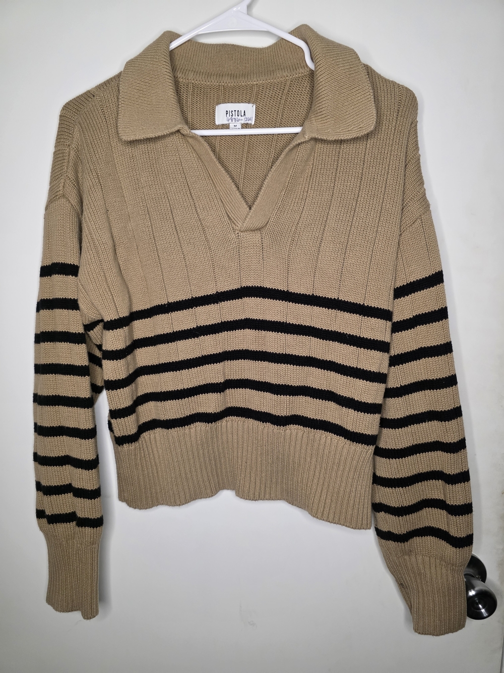 Pistola Tan and Black Striped Collared V-Neck Pullover Size-M